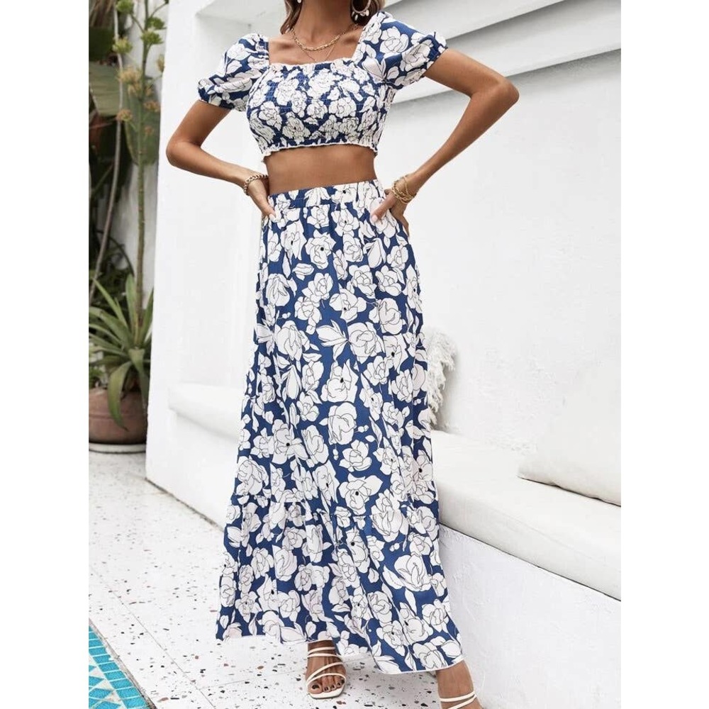 Blue White Floral Print Dress Set Puff Sleeve Crop Top Flowy Skirt Packable S 4